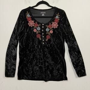 Roper Fairycore Whimsigoth Witchy Black Floral Embroidered Velvet Top Medium